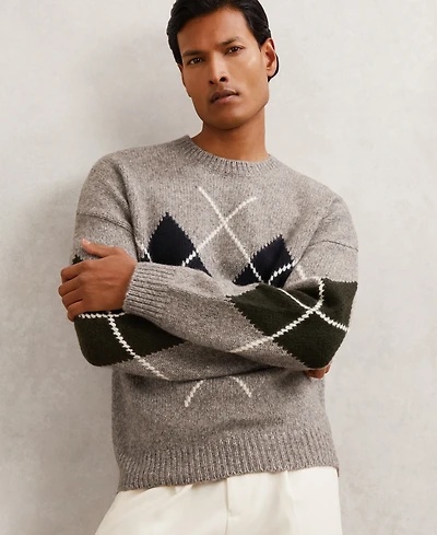 Reiss Men's Wool-Blend Crew-Neck Argyle Sweater