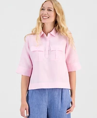 Charter Club Women's 100% Linen Solid Half-Placket Elbow-Sleeve Blouse, Macy's Exclusive
