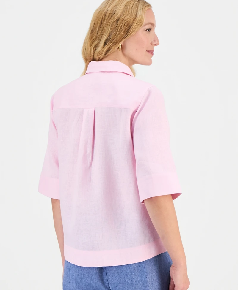 Charter Club Women's 100% Linen Solid Half-Placket Elbow-Sleeve Blouse, Macy's Exclusive