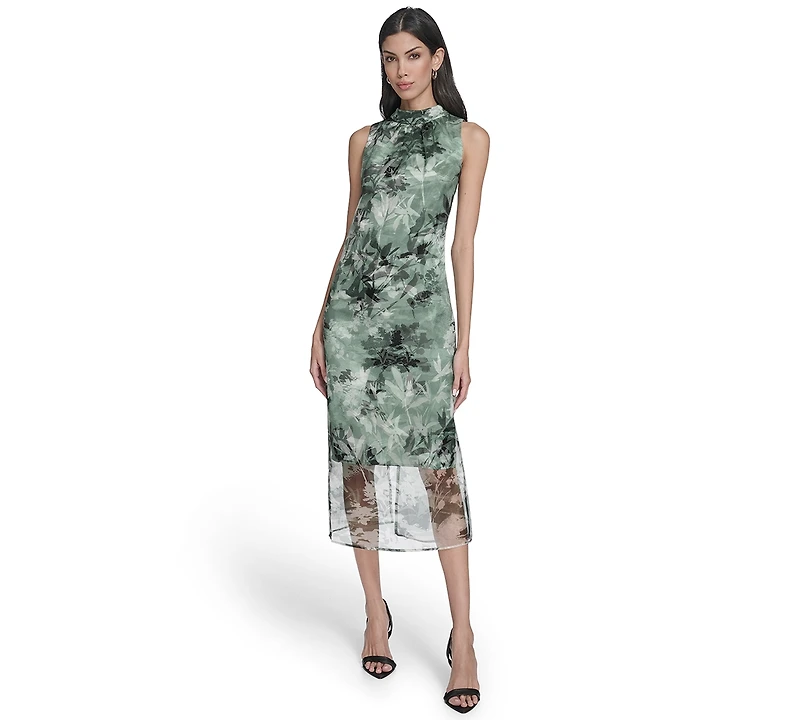 Vince Camuto Women's Printed Organza Overlay Mock Neck Midi Dress