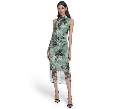 Vince Camuto Women's Printed Organza Overlay Mock Neck Midi Dress