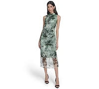 Vince Camuto Women's Printed Organza Overlay Mock Neck Midi Dress