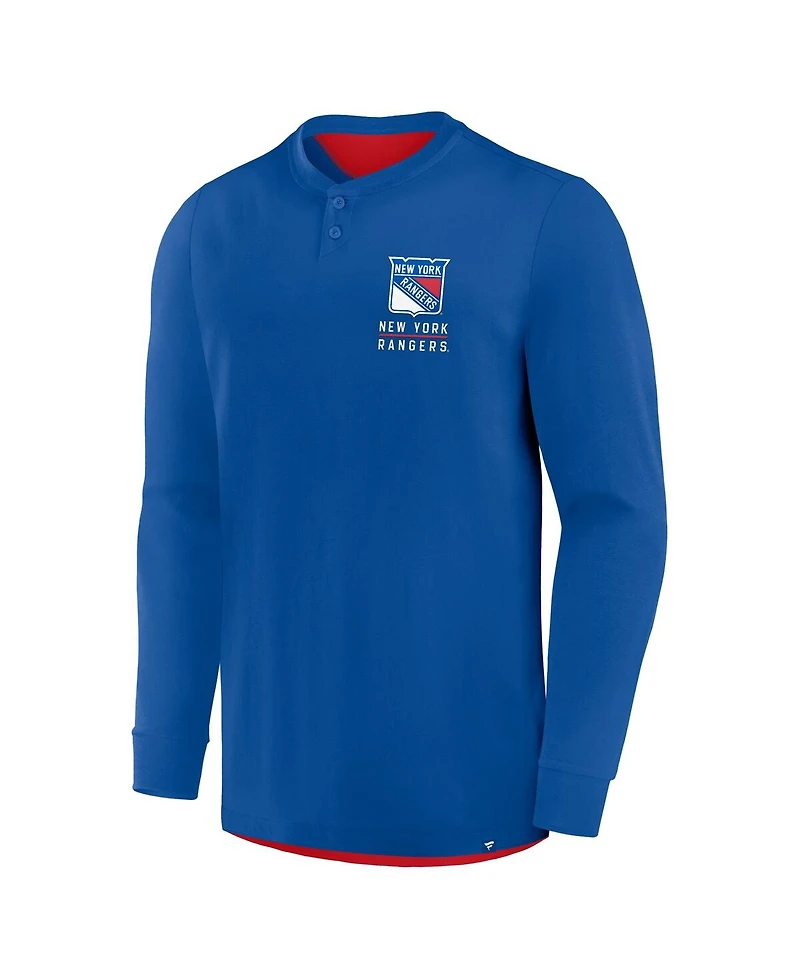 Fanatics Men's Blue New York Rangers Adrenaline Push Long Sleeve Henley Shirt