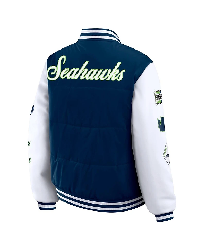 Wear by Erin Andrews Women's College Navy Seattle Seahawks Varsity Full-Snap Puffer Jacket