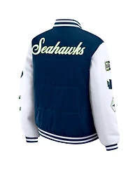 Wear by Erin Andrews Women's College Navy Seattle Seahawks Varsity Full-Snap Puffer Jacket
