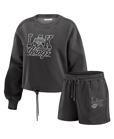 Wear by Erin Andrews Women's 2-Piece Black Los Angeles Kings Washed Fleece Sweatshirt and Shorts Lounge Set