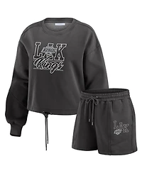 Wear by Erin Andrews Women's 2-Piece Black Los Angeles Kings Washed Fleece Sweatshirt and Shorts Lounge Set