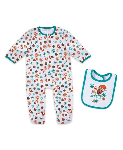 Wear by Erin Andrews Baby Boys and Girls Newborn 2-Piece Miami Dolphins Holiday Full-Zip Sleeper Bib Set