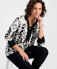 Jm Collection Women's Lace-Up 3/4-Sleeve Printed Top, Created for Macy's