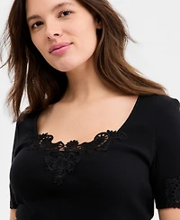 On 34th Women's Knit Short-Sleeve Lace-Inset Top, Macy's Exclusive