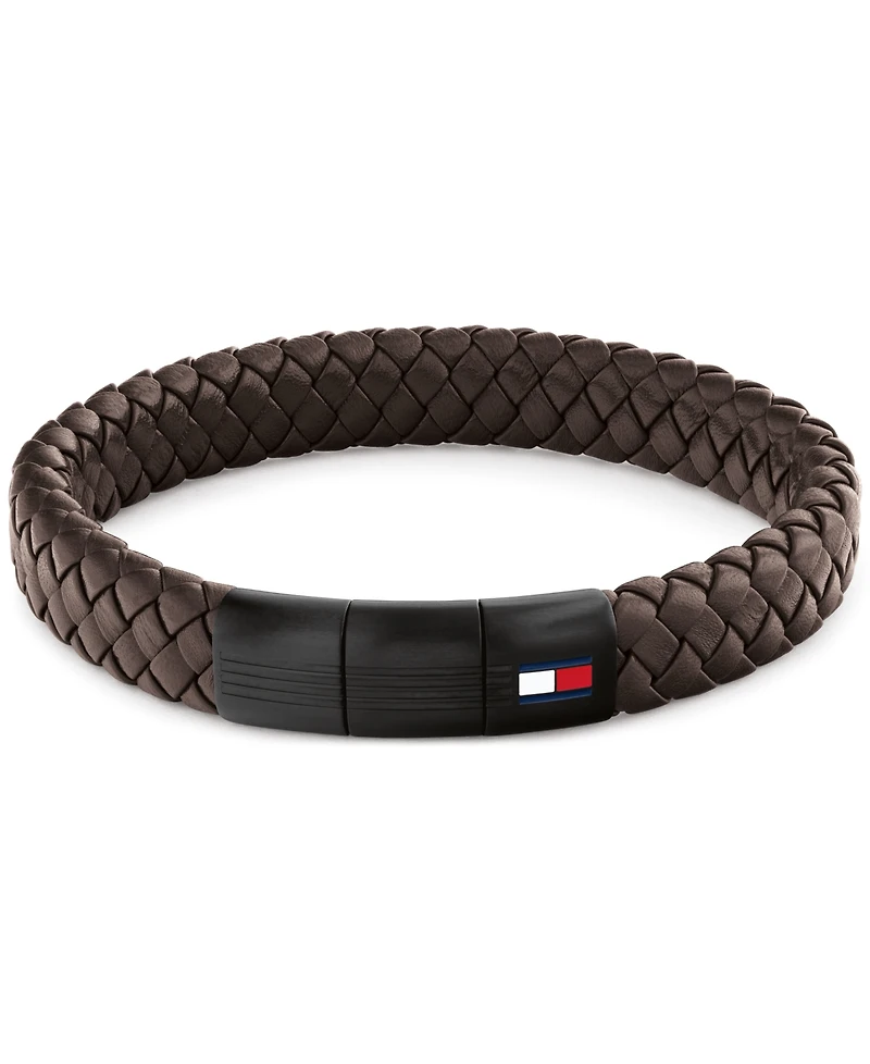 Tommy Hilfiger Men's Brown Leather with Black Ion-Plating Braided Bracelet