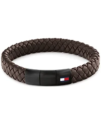 Tommy Hilfiger Men's Brown Leather with Black Ion-Plating Braided Bracelet