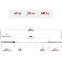 Sunny Health & Fitness 86” (7 ft) Olympic Barbell Bar with 28mm shaft diameter