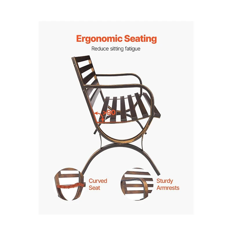 Slickblue Outdoor Patio Bench with Metal Frame and Slatted Backrest.