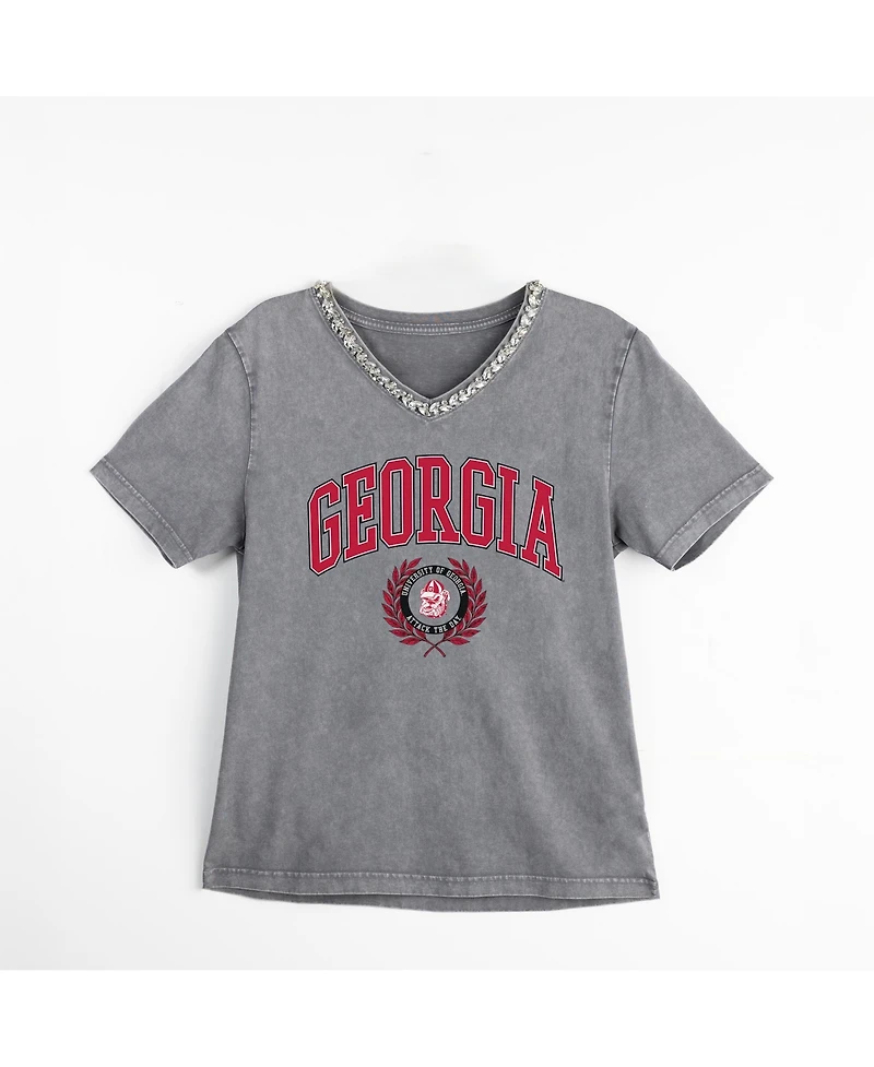 Gameday Couture Women's Gray Georgia Bulldogs Iconic Edge Rhinestone V-Neck T-Shirt
