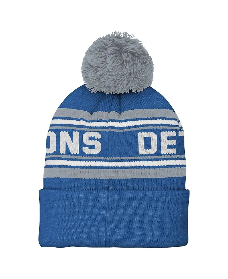 Outerstuff Big Boys and Girls Blue Detroit Lions Jacquard Cuffed Knit with Pom Hat