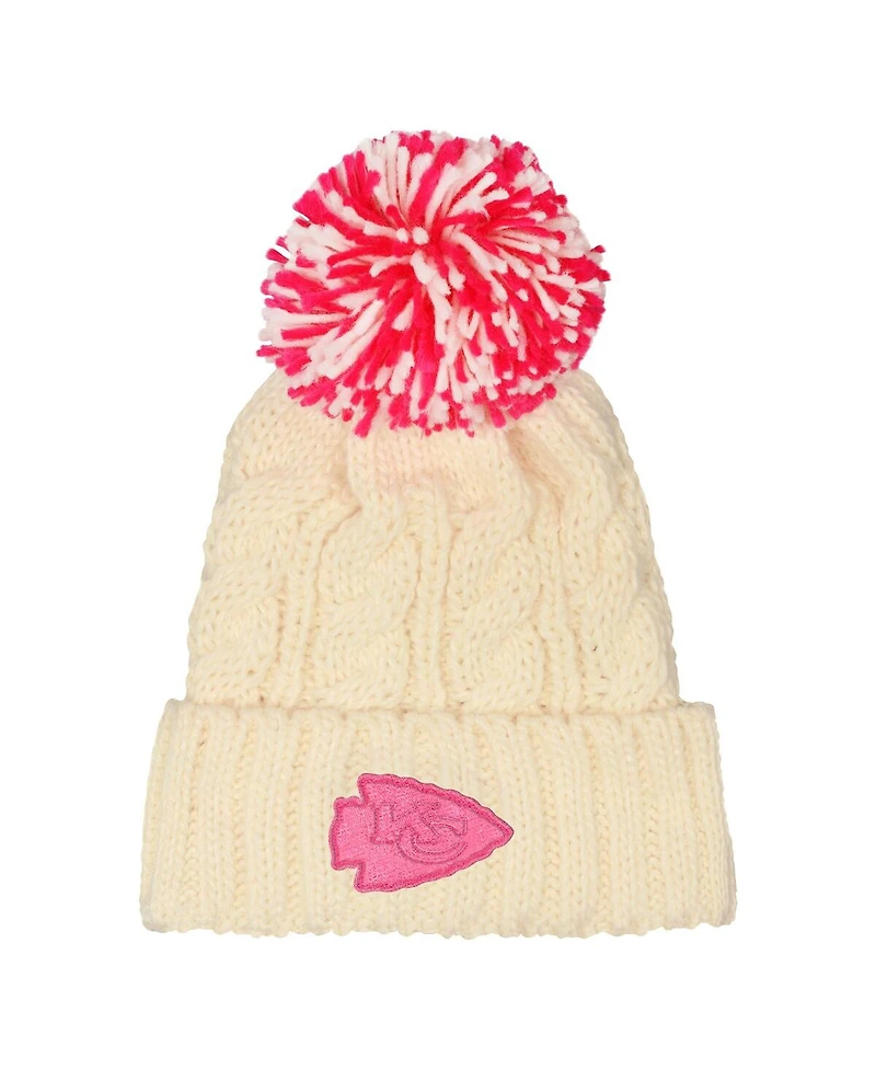 Outerstuff Girls White Kansas City Chiefs Cable Cuffed Knit with Pom Hat