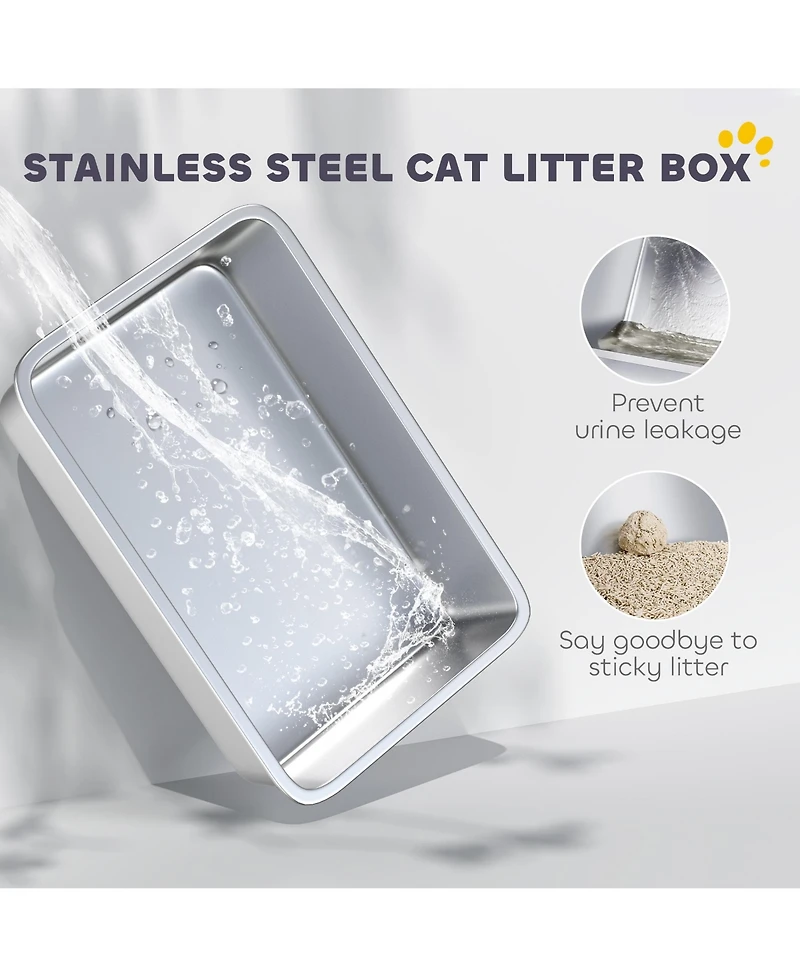 PawHut 2 in 1 Stainless Steel Cat Litter Box with Removable Lid,