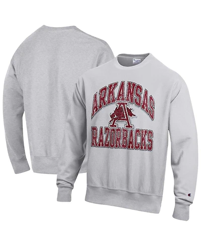 Champion Men's Gray Arkansas Razorbacks Distressed Arch Over Logo Reverse Weave Crew Neck Sweatshirt