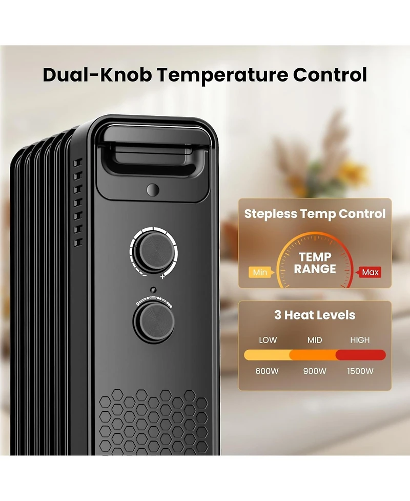 Cowsar Portable Electric Radiato Portable Electric Radiator Heater,Space Oil Filled Heaters with 3 Heat Settings, Overheat & Tip-Over Protection,1500W