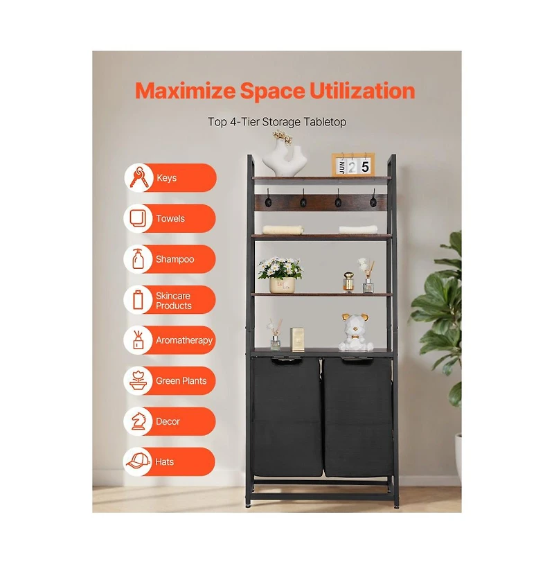 Slickblue Laundry Hamper with 4 Tiers, 2 Compartments, Shelves, and Hooks