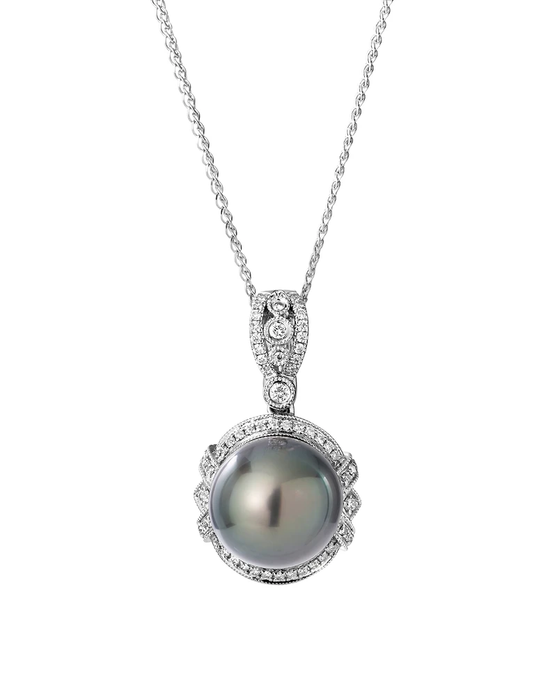 Macy's Tahitian Cultivated Pearl (11mm) and Diamond (1/4 ct. t.w.) Pendant Necklace in 14K White Gold