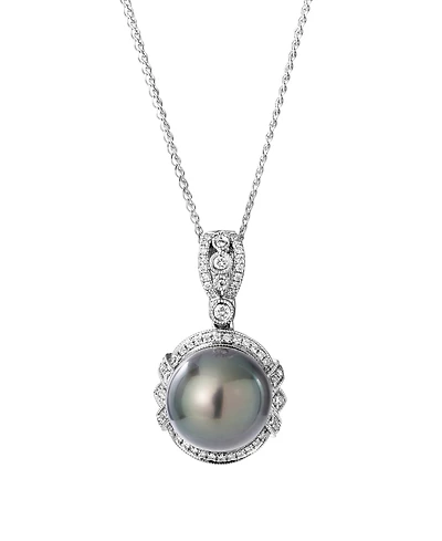 Macy's Tahitian Cultivated Pearl (11mm) and Diamond (1/4 ct. t.w.) Pendant Necklace in 14K White Gold