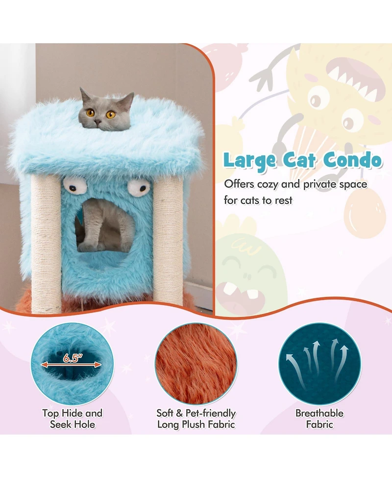 Skonyon Cute Monster-Themed Cat Tower with Private Condo and Soft Long Plush