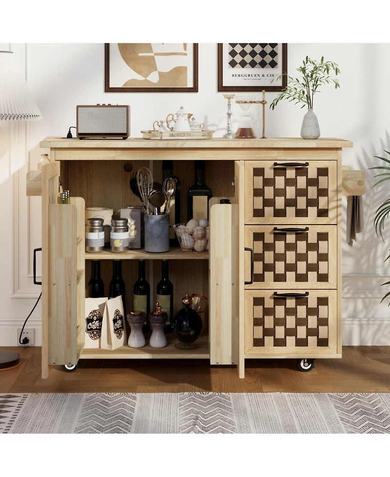 Casainc 53.2" 3D Woven Checkerboard Kitchen Island with Drop Leaf, Rolling Cart, Power Outlet, 3 Drawers and 2 Cabinets