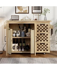 Casainc 53.2" 3D Woven Checkerboard Kitchen Island with Drop Leaf, Rolling Cart, Power Outlet, 3 Drawers and 2 Cabinets