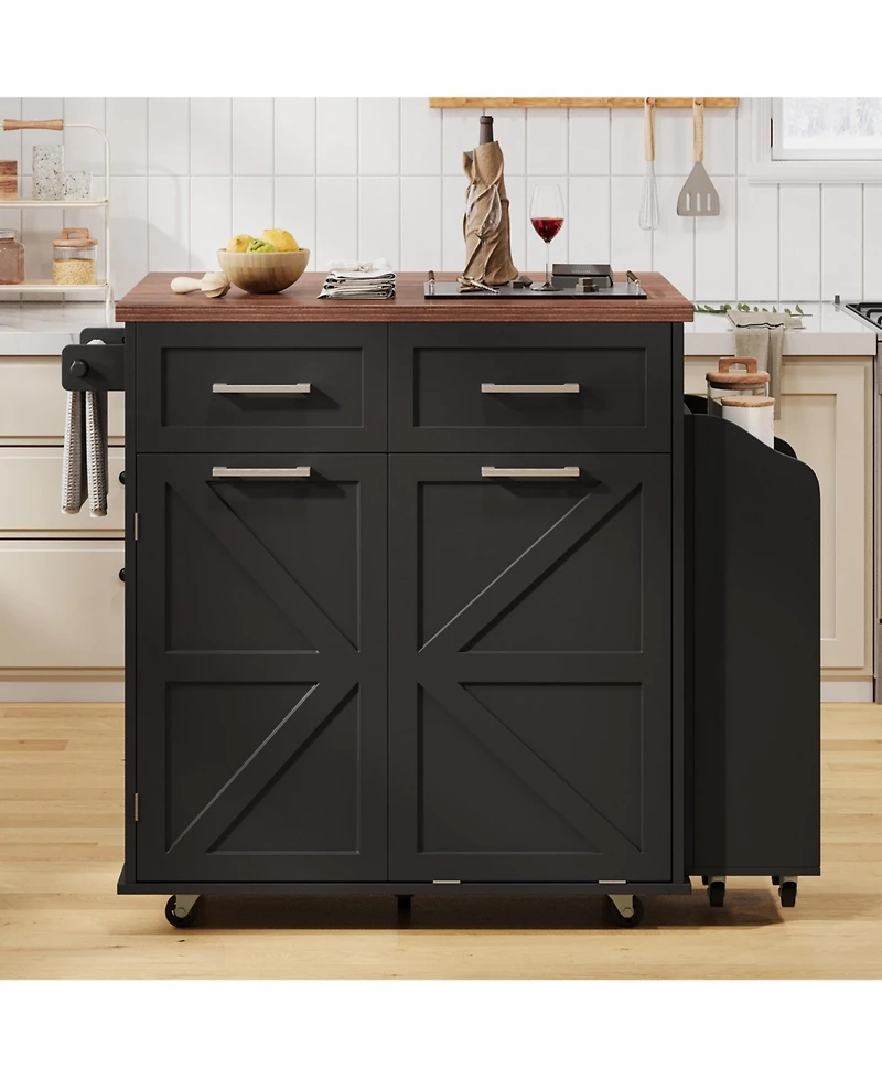 Casainc 47.2" Mdf Drop Leaf, Side Racks, Drawers, Towel Rack & Wheels Farmhouse Kitchen Island