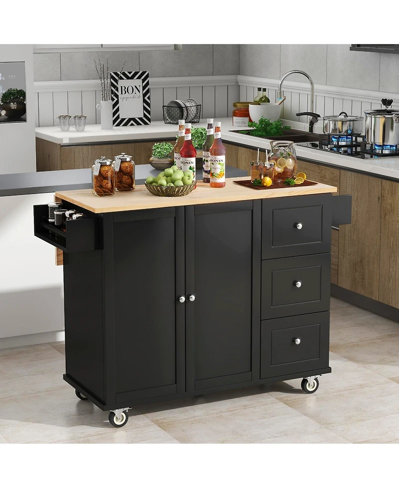 Casainc Rolling Kitchen Island with Solid Wood Top, Drop Leaf Bar, Locking Wheels, Storage Cabinet, Spice Rack, Towel Rack and Drawer, 52.7inch