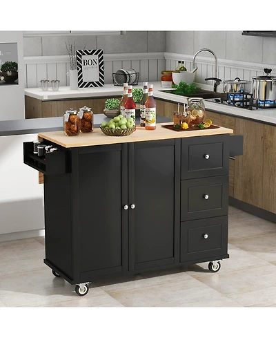 Casainc Rolling Kitchen Island with Solid Wood Top, Drop Leaf Bar, Locking Wheels, Storage Cabinet, Spice Rack, Towel Rack and Drawer, 52.7inch