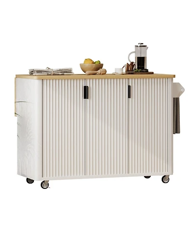 sumyeg 51" Fluted Kitchen Island with Drop Leaf, Rolling Kitchen Cart with Internal Storage Rack and Towel Holder