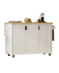 sumyeg 51" Fluted Kitchen Island with Drop Leaf, Rolling Kitchen Cart with Internal Storage Rack and Towel Holder