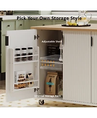 sumyeg 51" Fluted Kitchen Island with Drop Leaf, Rolling Kitchen Cart with Internal Storage Rack and Towel Holder