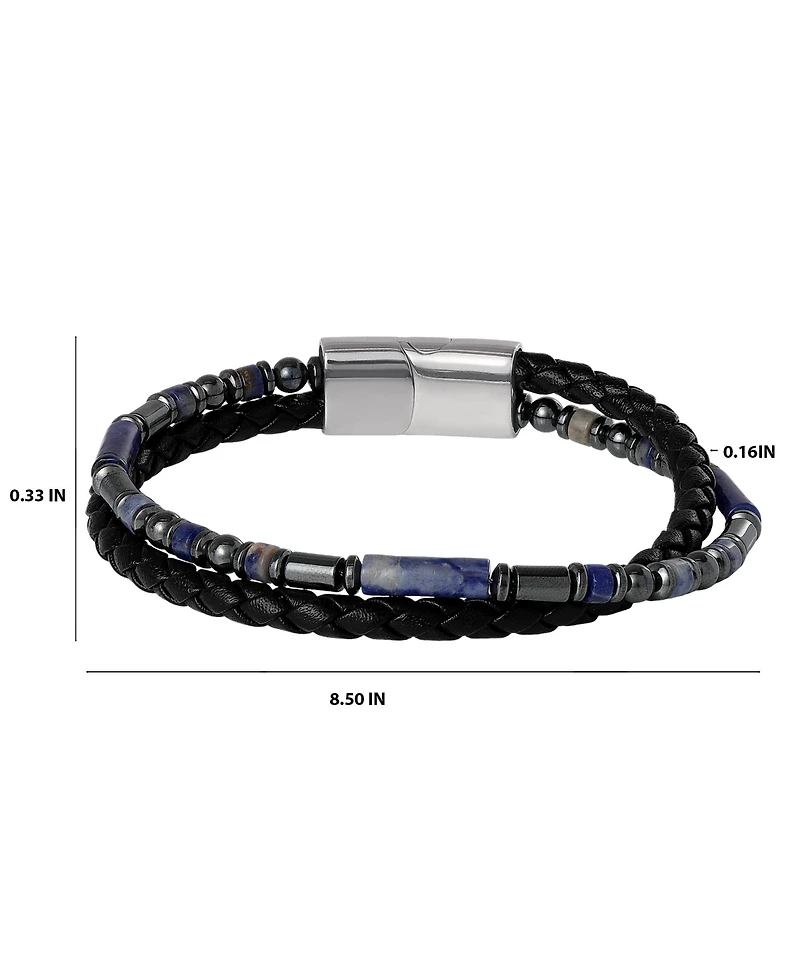 Lucky Brand Men s Braided Leather & Sodalite Bead 8.5'' Bracelet, Black/Blue, Magnetic Clasp