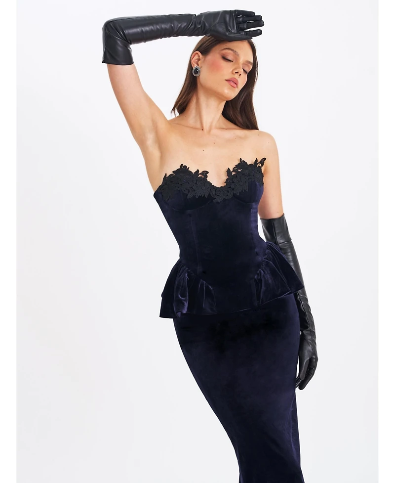 Miss Circle Women Pascha Black Lace Applique Strapless Peplum Maxi Dress