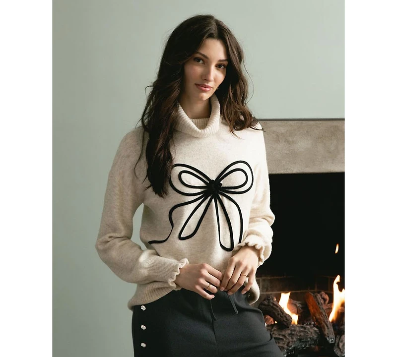 CeCe Women's Embroidered Ribbon Turtleneck Sweater