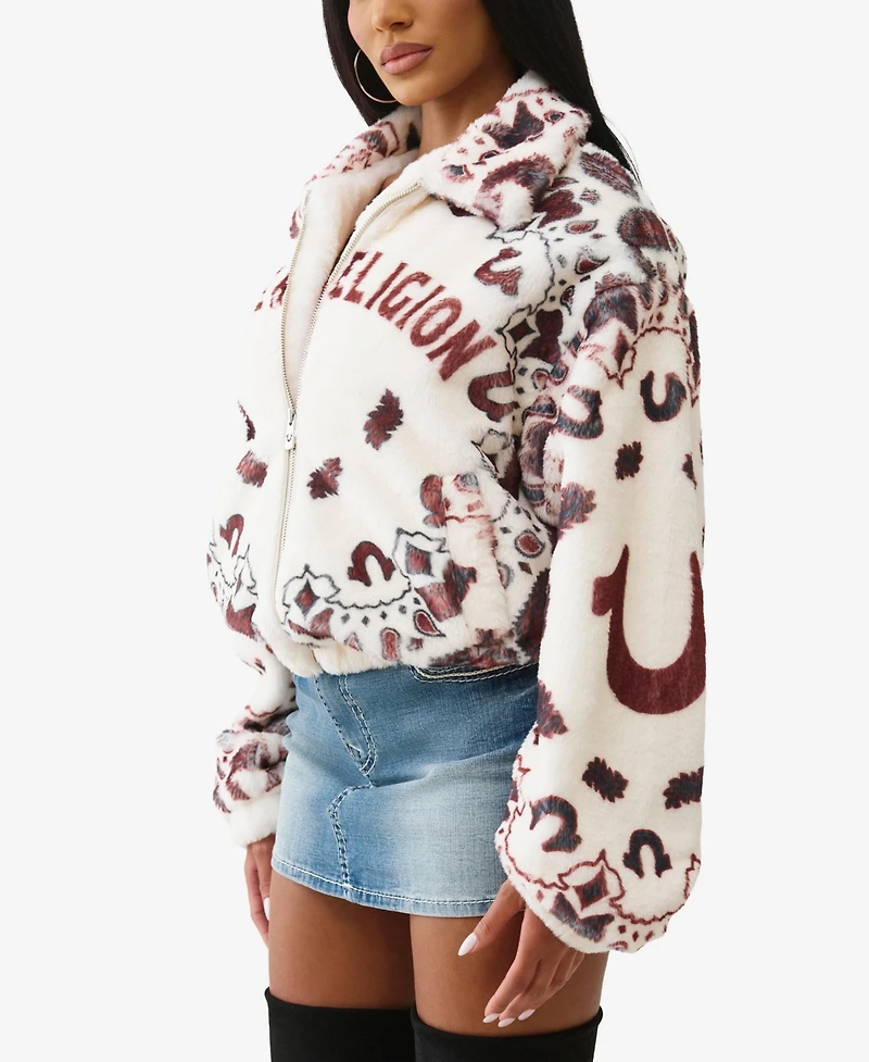 True Religion Women's Printed Faux Fur Bandana Jacket