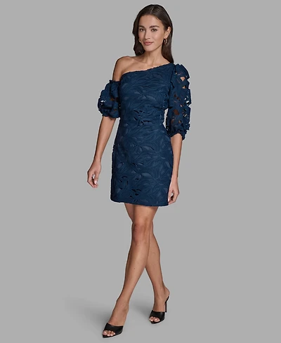 Bcbg Women's Lace One-Shoulder Textured Puff Sleeve Mini Dress