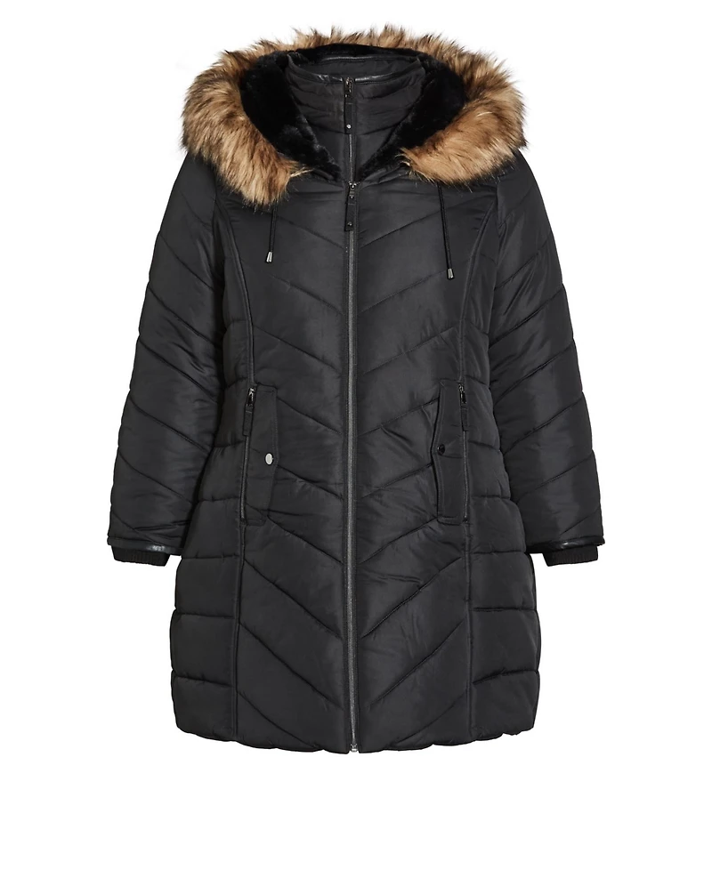 Avenue Women's Chevron Long Puffer Coat with Faux Fur Hood