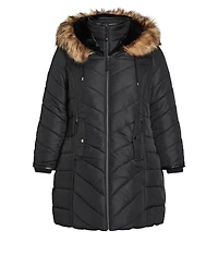 Avenue Women's Chevron Long Puffer Coat with Faux Fur Hood