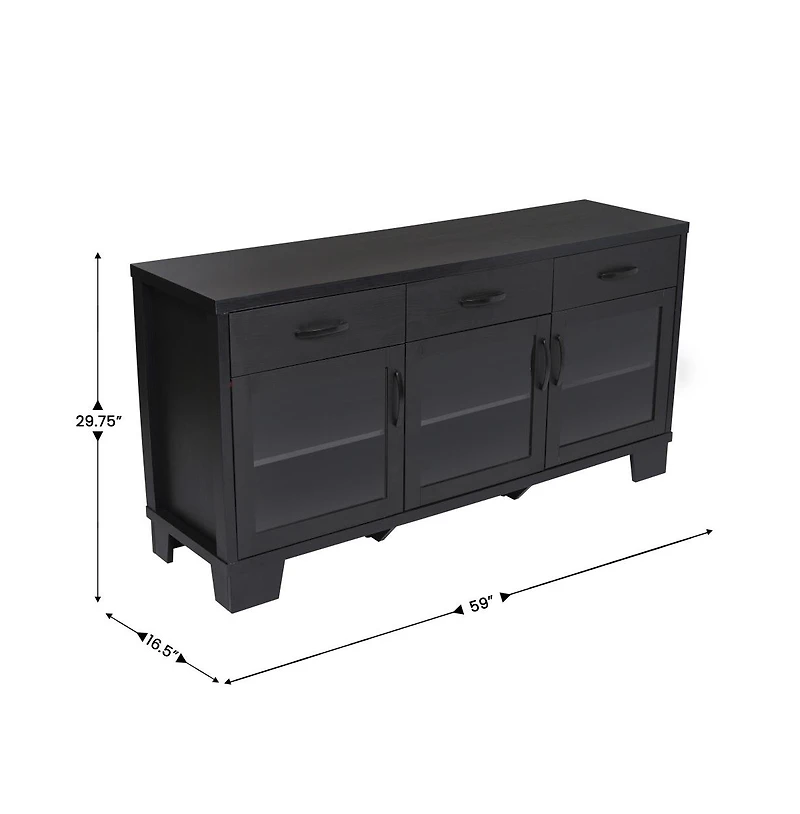 Merrick Lane Samson Three-Drawer Engineered Wood Buffet Sideboard Cabinet With Three Tempered Glass Doors For Dining Room/Kitchen