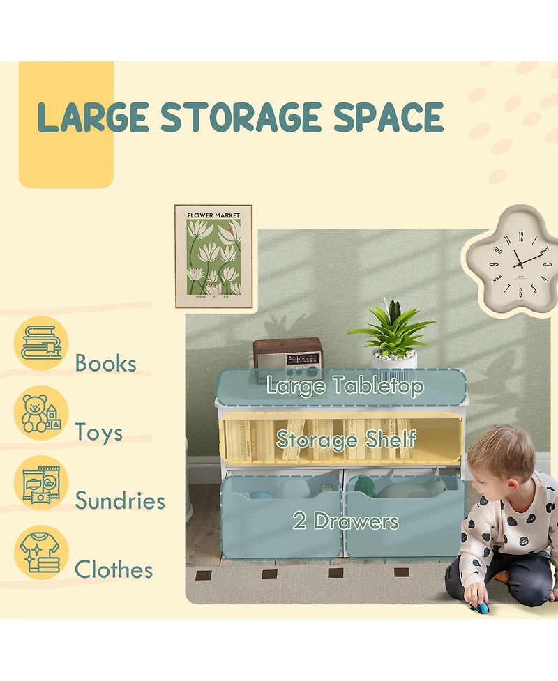 Qaba Toy Storage Organizer with 2 Drawers, Toy Shelf, Large Top,