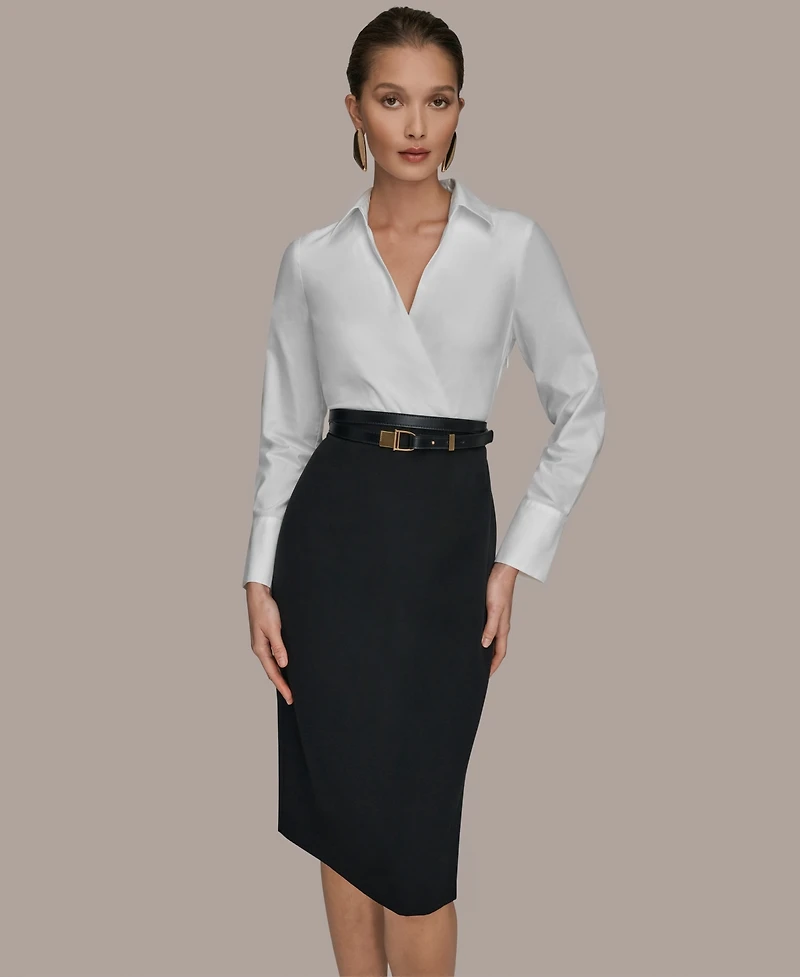 Donna Karan New York Women's V-Neck Belted Contrast Wrap Sheath Midi Dress