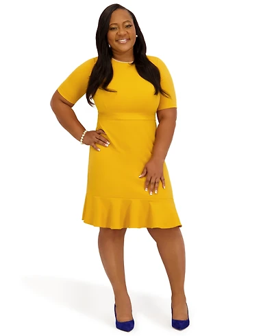 Kasper Women's Round Neck Knee Length Ruffle Skirt Dress, Regular and Plus