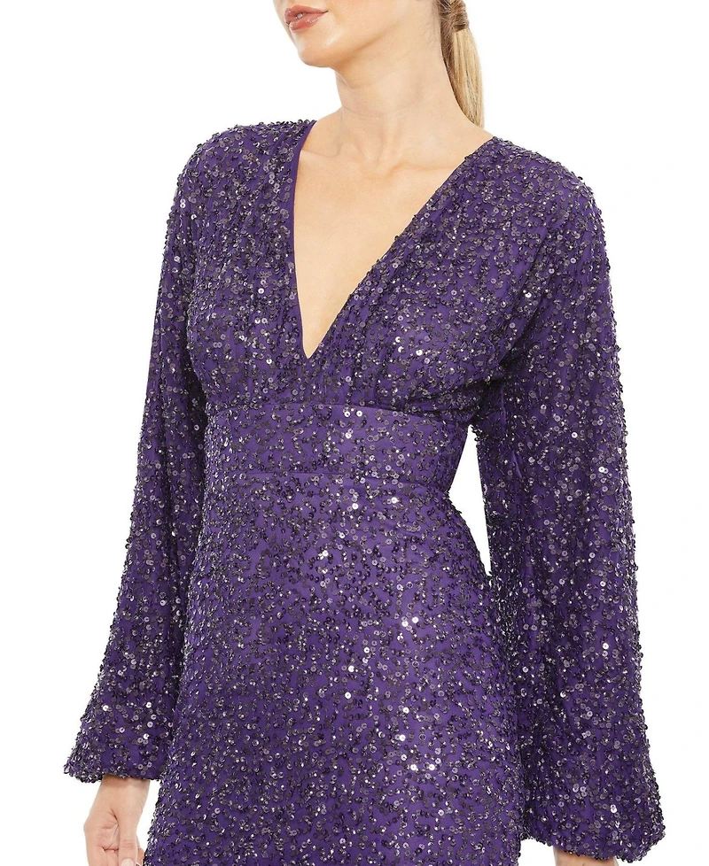 Women's Sequined Puff Sleeve V Neck Gown