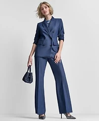 Dkny Womens Double Breasted Notch Collar Jacket Pintuck Fit Flare Pants Crewneck Long Sleeve Top