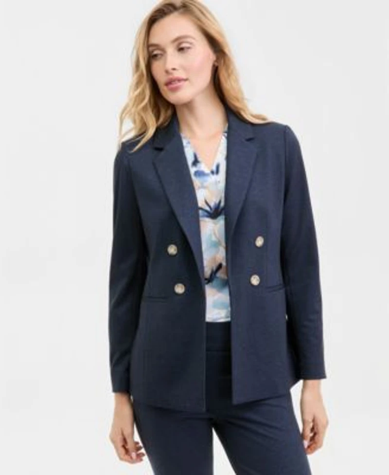 Anne Klein Womens Faux Double Breasted Notch Collar Jacket Printed V Neck Split Cuff Blouse High Rise Pull On Compression Pants